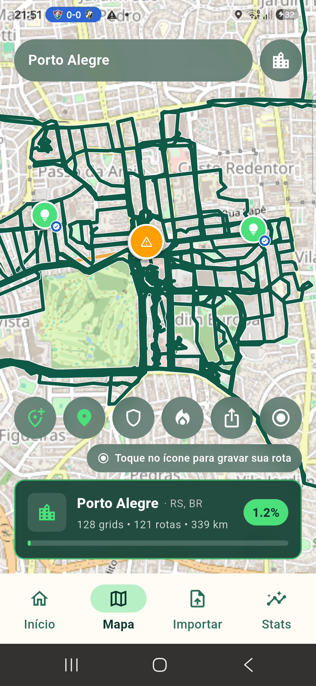 Mapa do Explore the City mostrando ruas já exploradas na cidade.