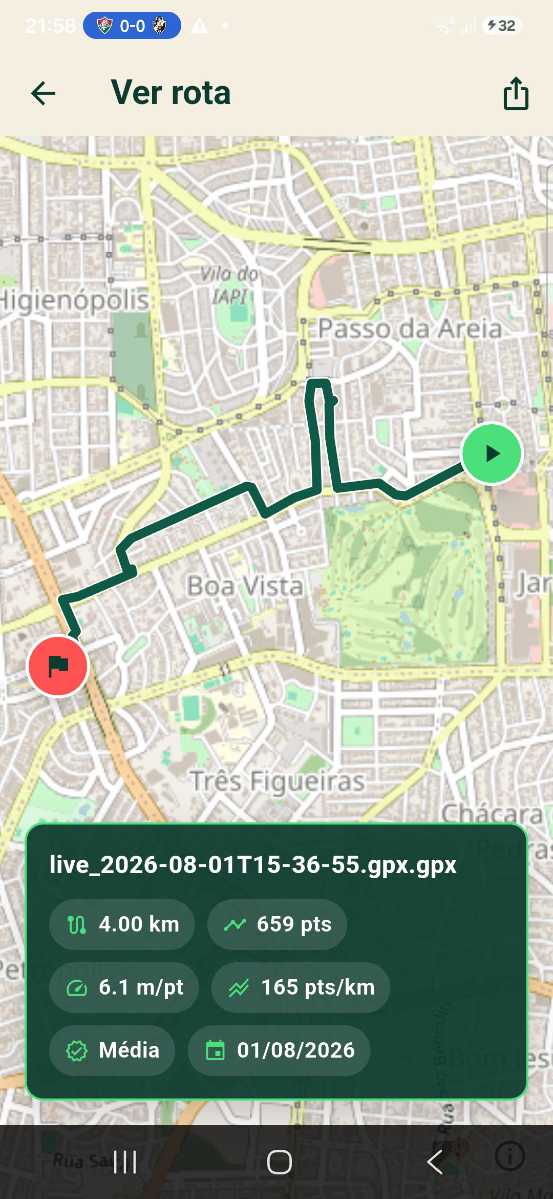 Detalhe de uma rota registrada no Explore the City, com mapa e métricas.