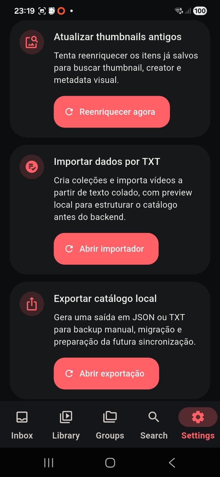 Tela de Settings com o card Importar dados por TXT.