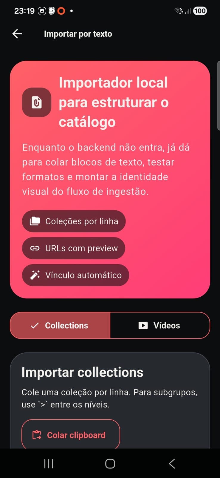 Tela Importar por texto com a aba Collections selecionada.