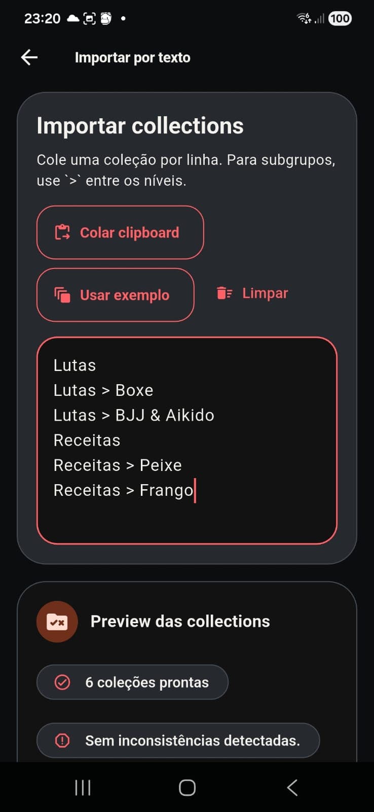 Campo de importação de collections preenchido com categorias e subcategorias.