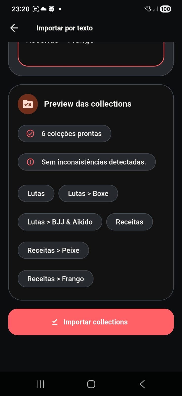 Preview das collections detectadas e botão Importar collections.