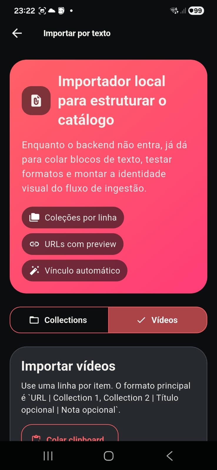 Tela Importar por texto com a aba Vídeos selecionada.