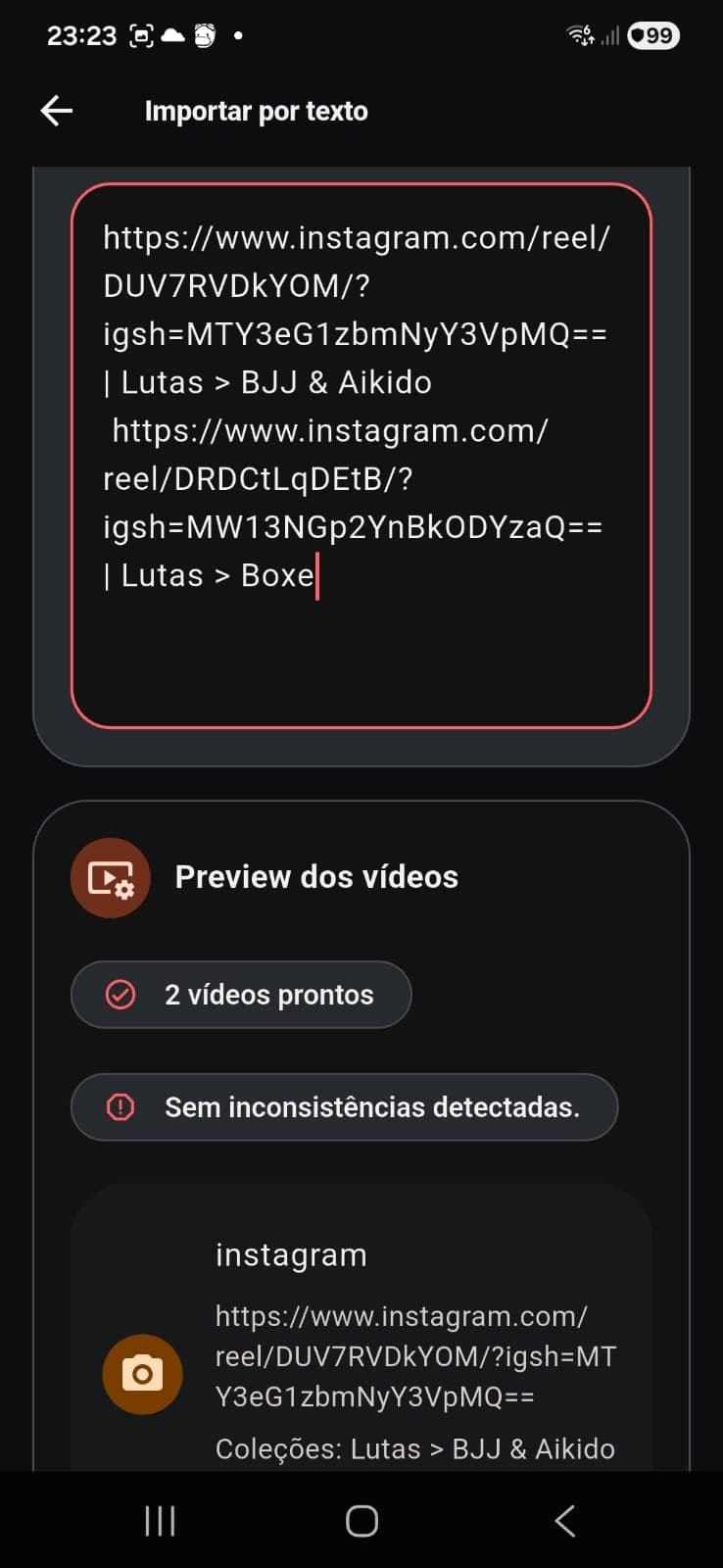 Preview dos vídeos importados a partir do texto colado.