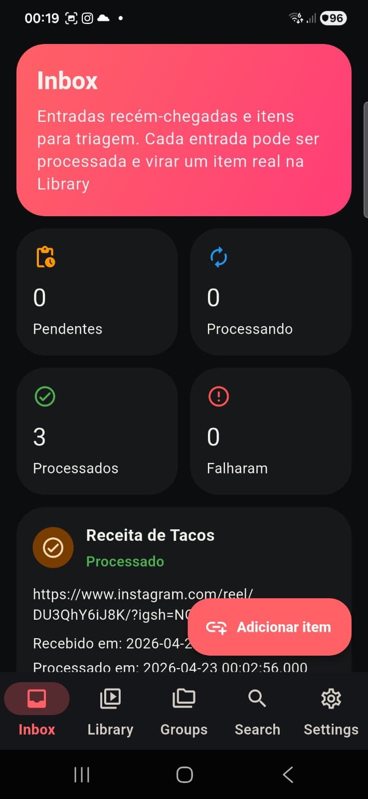 Tela do Inbox com o botão Adicionar Item disponível.