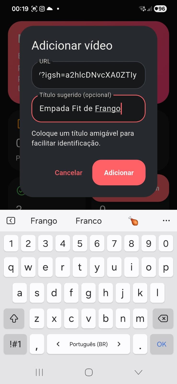 Janela para colar a URL do vídeo e preencher um título amigável.