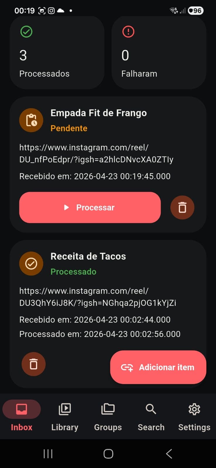 Item recém-adicionado exibido na tela de Inbox.
