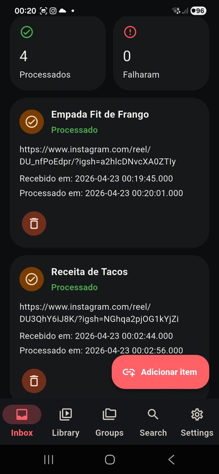 Ação de processamento do item para buscar metadados e thumbnail.