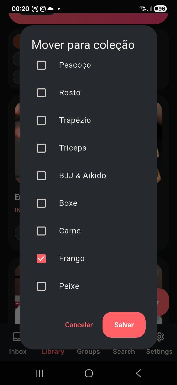 Tela de escolha da categoria ou subcategoria para mover o vídeo.