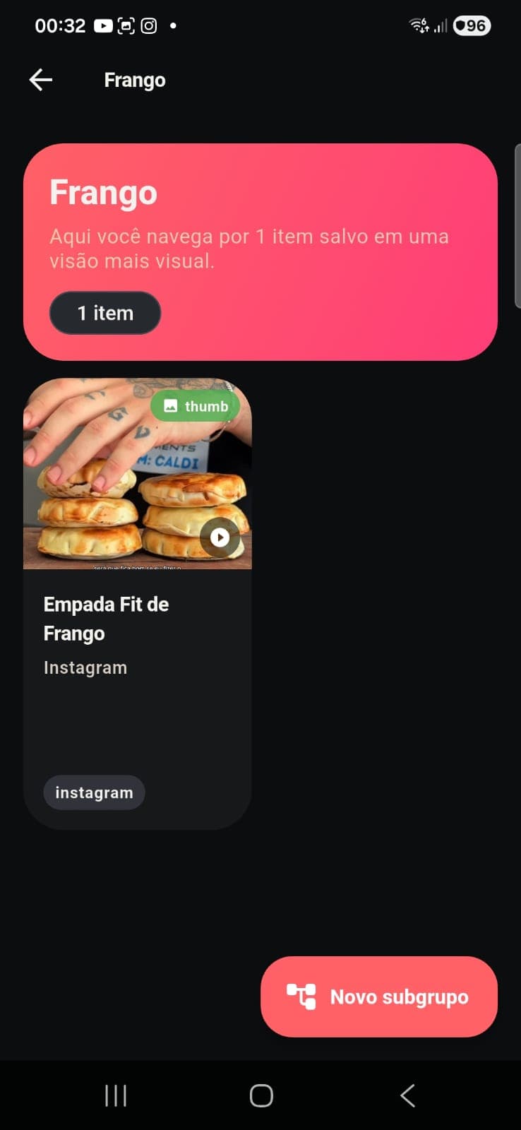 Tela Groups mostrando a subcategoria Frango com o vídeo vinculado.