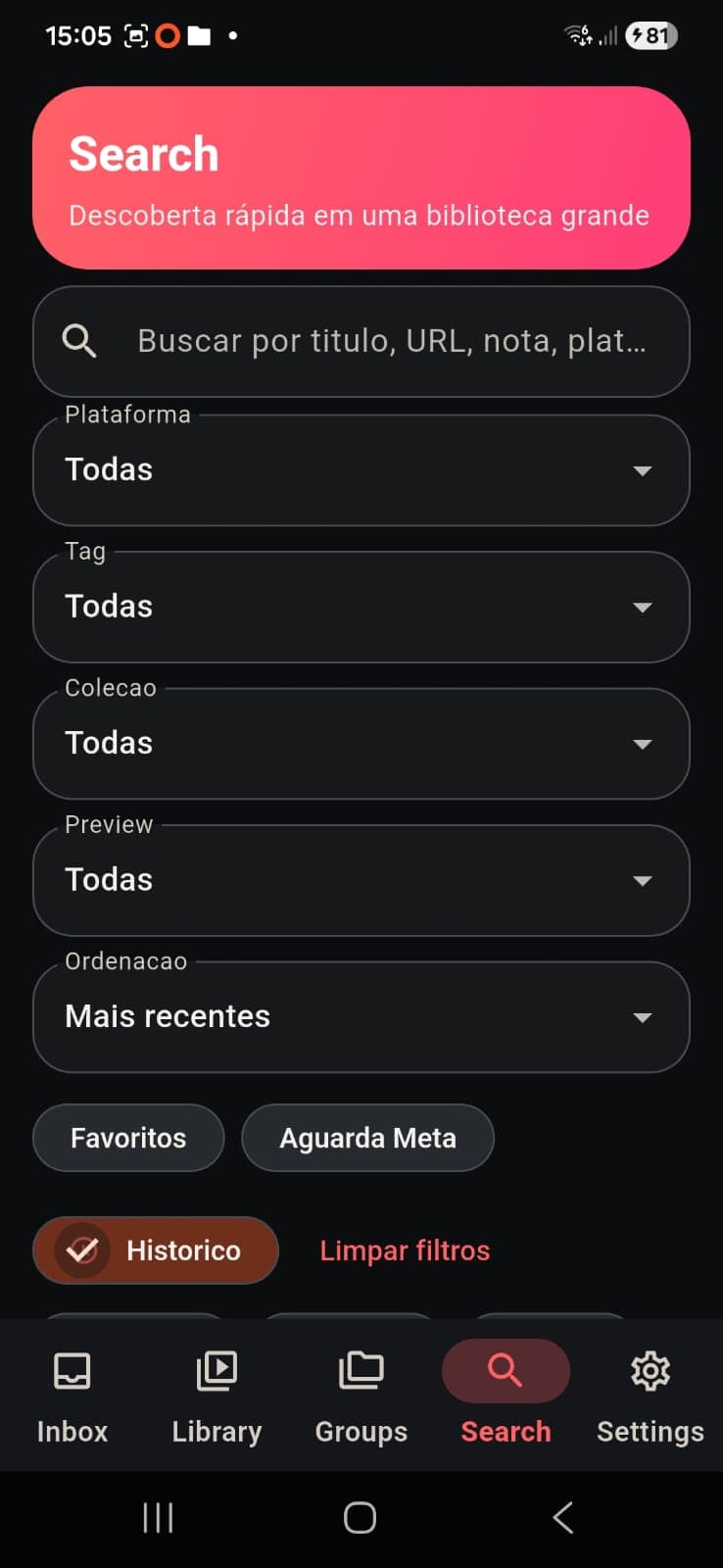Tela do Video Catalog com busca e recuperação de conteúdo.