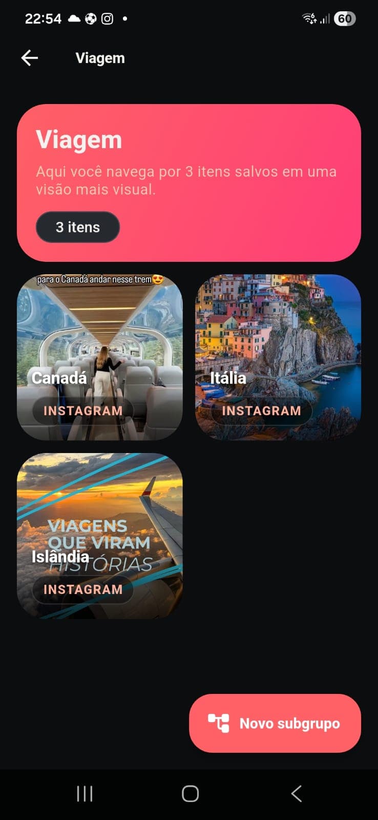 Screenshot do Video Catalog relacionado a viagens.
